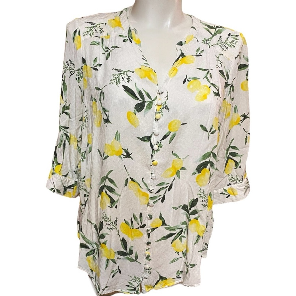 Torrid Harper White and Yellow Short Sleeve Blouse with Mandarin Collar Size 2X